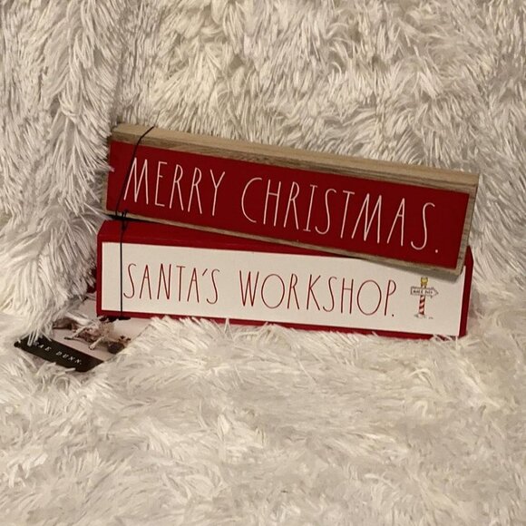 TWO Rae Dunn MERRY CHRISTMAS AND SANTA'S WORKSHOP Wooden Christmas Signs.  NEW! - Picture 1 of 4